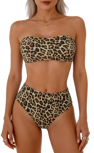 High Waisted Bikini Set for Women UK, Sexy Leopard Print Strapless Bandeau & Briefs, 2 Piece Swim Sets for Beach, Pool & Holiday (UK, Alpha, S, Regular, Regular)