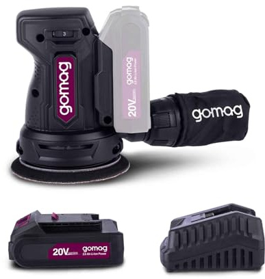 Gomag Akku-Exzenterschleifer GO-EXS125 Set S 20V | Schleifblatt Ø 125 mm | Softstart | Schwingzahlregulierung 6000-24.000 U/Min | inkl. 2 Ah Akku & 2,4 A Ladegerät, sowie Zubehör