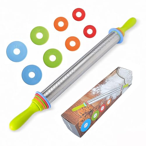 Mattarello regolabile in acciaio inox con anello di regolazione dello spessore e manici, rullo di precisione per pizza, pasta, biscotti e pasticcini, utensile da cucina professionale con scala per
