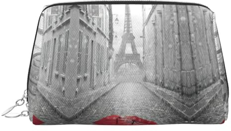 Trousse da viaggio in pelle di alta qualità con stampa di ombrello rosso Torre Eiffel Parigi con custodia portatile impermeabile aperta piatta borsa per il trucco, Argento, taglia unica
