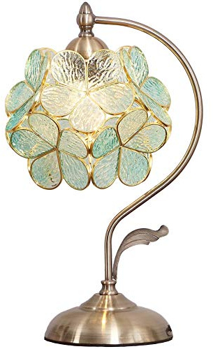 Bieye Lampe de table en vitrail style Tiffany avec pétales de fleurs et base en laiton pour la décoration intérieure (Bleu clair, Fleur de cerisier 8)
