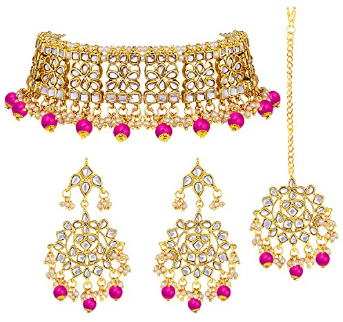 Aheli Elegant Indian Faux Kundan Studded Choker Necklace & Maang Tikka Set Ethnic Wedding Wear Fashion Bharatanatyam jewellery set Gift for Women