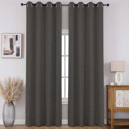 CUCRAF 100% Blackout Window Curtains 84 inches Long 2 Panels Set, Faux Linen Look Thermal Insulated Grommet Drapes, Room Darkening Curtain for Bedroom Living Room(W52 x L84 Inch, Grey)