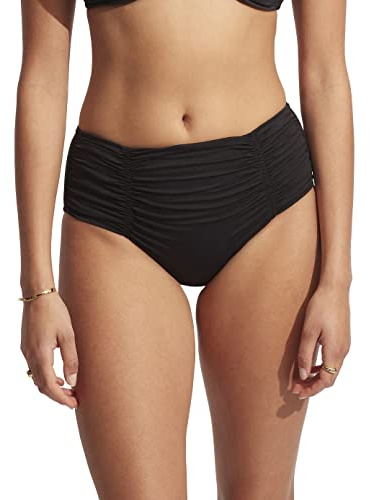 Seafolly Women's Standard Gathered Front Retro Full Coverage Bikini Bottom Swimsuit, Eco Collective Black, 8