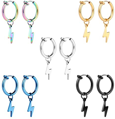 Epoch World 5 Pairs Stainless Steel Fake Non Piercing Clip On Earrings for Men Women Small Magnetic Non Pierced Earrings Women Men Boys Girls Kids Ear Cuff Lightning Earrings Silver Black Gold