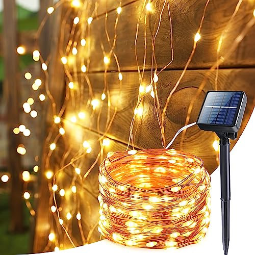 BrizLabs Guirlande Lumineuse Solaire Exterieur, 15M 150 LED Noël Fil de Cuivre Étanche 8 Modes Guirlande Guinguette pour Jardin Terrasse Arbre Mariage Fête, Blanc Chaud