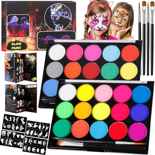 MOYKSRR Pintura Facial y Corporal, Pintura Corporal con 15 Colores, 15 Pintura Fluorescente con 40 Plantillas y 4 Pinceles, Pintura Facial,Fiesta Halloween Navidad Para Mardi Gras,Fiesta De Disfraces