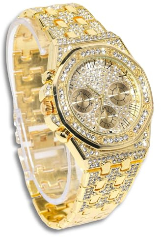 Genkigold Diamantklocka för män – 38 mm romerska siffror åttkantig urtavla – 18 K äkta guld/platinapläterat 23 cm armband – japanskt kvartsurverk – lyxsmycken – kan kombineras med kubankedja