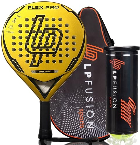 LP Fiberglass Flex Pro Padel Racket for Adults with Padel Bag & Ball Set - for Technically Savvy Players - Light Power & Precision (1 Pc & Set) (Golden, Racket + Bag + Ball Tube)