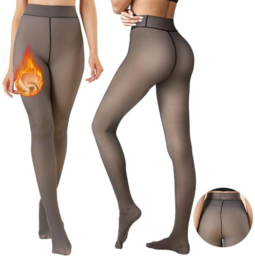 CheChury fleecefodrade tights för kvinnor, varma strumpbyxor med hög midja, termiska leggings, falska genomskinliga strumpor, skinnfärgad, gren, en söm, tights för vintern, Svart ren fleece, S-M