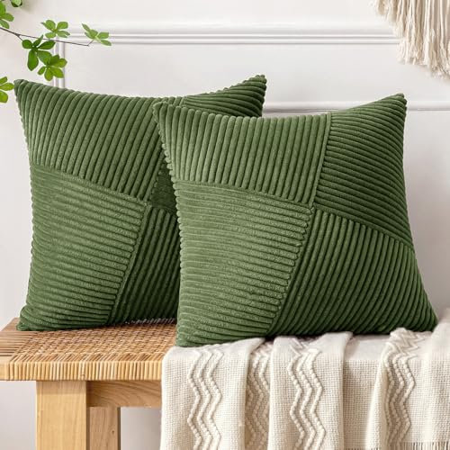 MIULEE Kissenbezug 40x40 Matcha Grün Kordsamt 2er Set Kissenbezüge Zierkissenbezug Kissenhülle Sofakissen Dekokissen Streifen Muster Patchwork Design für Wohnzimmer