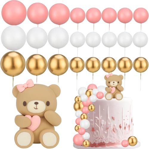 Bolas Cake Topper 25 Piezas Rosa Oso Teddy Decoracion Para Tartas Cumpleaños Osos Decoración de Pasteles Decoracion Para Cupcakes,Baby Shower,Gender Reveal Party (Rosa)