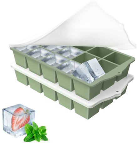YUNISS Ghiaccio Stampo Silicone con Coperchio, 2 Pezzi Vassoio per Cubetti di Ghiaccio Senza BPA, Grande Stampi Ghiaccio in Impilabile per Cocktail, Whisky, Vino, Puree di Frutta, Gelati -Verde