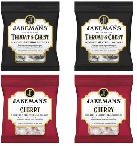 Throat Lozenges Variety Pack - Set of 4 x 73g Bags (2 x Cherry,2 x Throat & Chest) - Packed by Black Nore Gifts