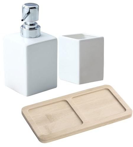 Ensemble d'accessoires de Salle de Bain Blanc 3 Pièces en Céramique - Accessoires de Salle de Bain de Luxe - Comprend Un Distributeur de Savon Liquide de 320 ML, Un Gobelet de Salle de Bain, Plateau