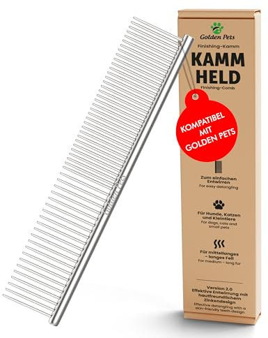 NEU! Profi Hundekamm zur Fellpfelge von mittlerem & langem Haar bei Hunde & Katzen, Pudel, Goldendoodles I Golden Pets kompatibel - Gegen Knoten und zum Finish I + neues E-Book Größe S