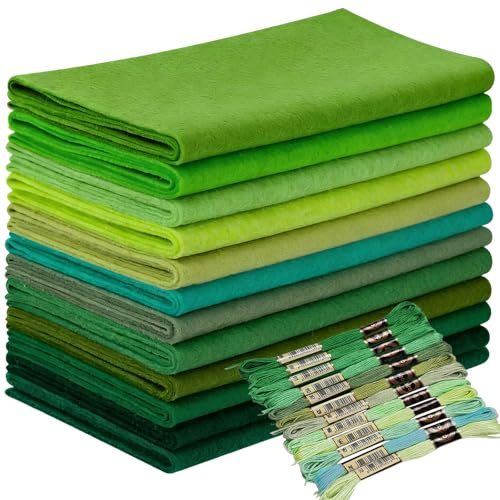 Wonninek 12 rullar pastell mjuka filtark 20,5 x 90 cm 1,4 mm tjocka gröna serier blandade färger filtpaket med broderitråd gör-det-själv hantverk sömnad icke-vävt lappverk
