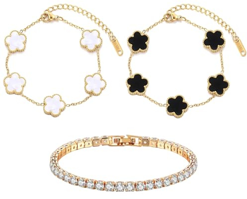 TENGWA 18k förgyllda smycken 3 stycken smycken guld vattentät 17 + 5 cm klöverarmband lycklig klöver present till födelsedag årsdag alla hjärtans dag mors dag eller nyår