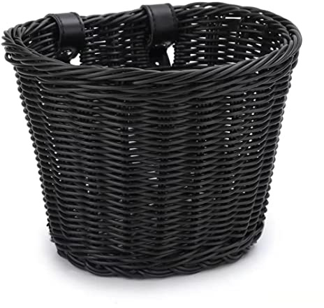 Bike Basket, Front Handlebar Storage Basket with Adjustable Leather Straps, Bicycle Accessories, Hand Woven, Waterproof (Black(10 * 7.5 * 7 in))