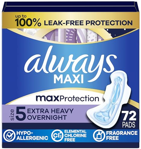 Always Maxi Overnight Pads with Wings, Size 5, Extra Heavy Overnight, Unscented, 72 Count