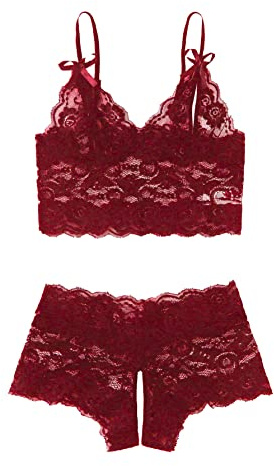 SweatyRocks Women's 2 Piece Lingerie Set Sheer Lace Cut Out Bra and Panty Teddy Lingerie Burgundy M
