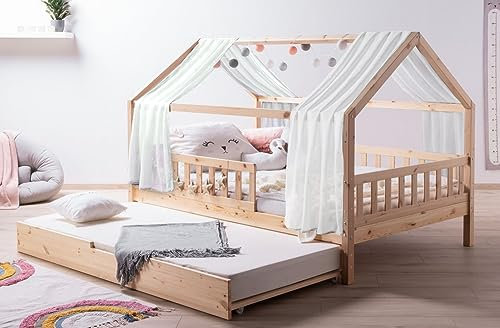 TiCAA Kinderbett Hausbett mit Tüll Kim inkl. Zusatzbett