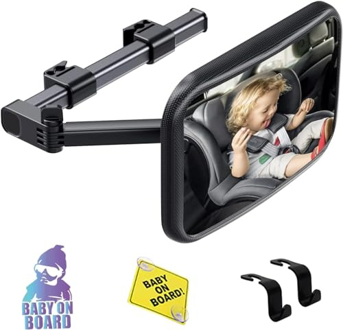 Baby Car Mirror Rear Facing, Safety Adjustable Car Seat Mirror for Baby Extendable Camera Monitor with Hook Clip Design Clear View ShatterProof + 2 Baby on Board Stickers,2 Seat Headrest Hook