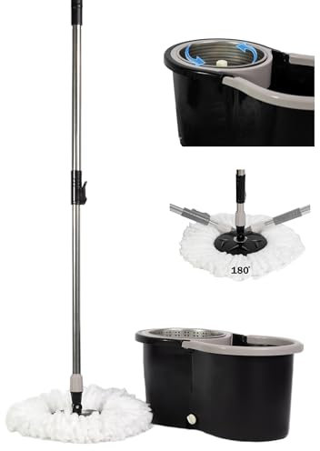 Meridiana - Spin mop Lavapavimenti Con Sistema di Strizzatura Manuale attivabile attraverso il Manico, Set per la Pulizia dei Pavimenti con Secchio e Cestello in ACCIAIO INOX, Panno 100% Microfibra
