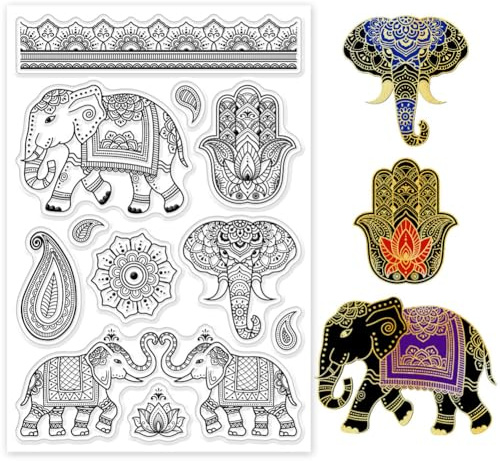GLOBLELAND Indian Elephant Clear Stamps for DIY Scrapbooking Paisley Hamsa Pattern Silicone Stamp Seals Transparent Stamp for Cards Making Photo Album Journal Home Decoration 6.3×4.33inch