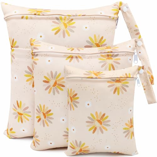 FenFang Baby Wet Bag, Cloth Nappy Bags for Diapers, 3 Pcs Wet Dry Changing Bags Waterproof Storage Bag Organizer Pouches for Daycare Travel Swimming Beach, Washable Reusable Zipper Bag (Yellow Flower)