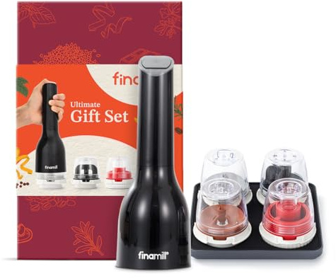 FinaMill Ultimate Gift Set – Battery Operated Spice Mill with 4 Interchangeable Spice Pods & Slate Quartet Stackable Tray, Adjustable Coarseness, Ceramic Grinder, LED Light, Home and Kitchen Gift Set