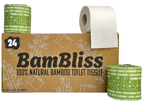 BamBliss Premium Bamboo Toilet Paper | 24 Pack Wrapped 3-Ply Toilet Roll | Eco-Friendly Toilet Paper | Plastic Free, Soft, Sustainable & Biodegradable Loo Roll (24 Count (Pack of 1), 24, Rolls)