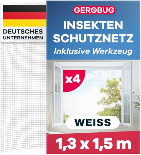 GEROBUG Fliegengitter Fenster ohne Bohren - 130x150 cm 4 Stück, weiß - feinmaschiger Fenster Fliegengitter mit Klebestreifen - Insektenschutz Fenster - Fliegennetz Fenster, Mückennetz Fenster