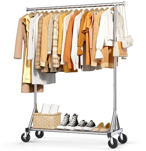 Sakugi Kleiderständer auf Rollen – Robuste Kleiderstange aus Edelstahl mit Mesh-Regal, multifunktionaler Garderobenständer für Schlafzimmer, Wäscheraum, Laden, 110 x 42 x 162 cm, Silbern
