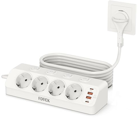 FDTEK Prise d'angle avec Interrupteur, PD 20W Multiprise avec Fiche Plate 4 Prises avec 2 USB C+2 USB A, Prise de Table Protection Contre Les Surtensions avec Rallonge de 2M pour Maison et Bureau