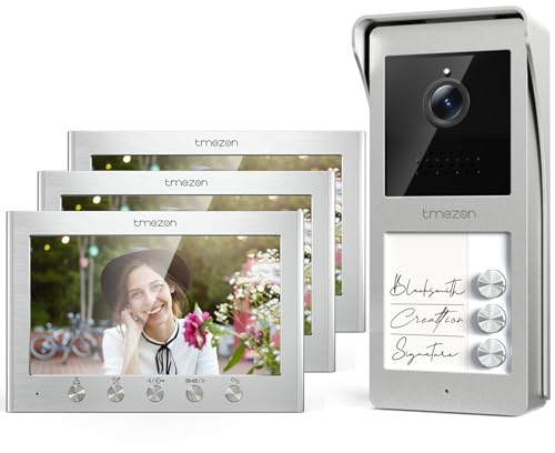 TMEZON Videoportero Sistema de Intercomunicación con 7'' Monitor a Color,HD Timbre Video Mirilla 2 Hilos,Audio bidireccional, visión Nocturna, 16 Tonos de Llamada, admite 2 bloqueos,para 3 familias