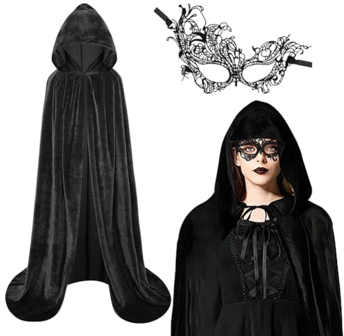 AUYAO Capa Negra con Capucha Terciopelo, Disfraz de Vampiro Halloween, Capa de Bruja con Máscara, Larga para Mujer y Hombre, Halloween Carnaval Navidad Fiesta, 170cm