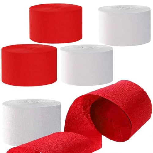 Papier crépon, coloré, blanc, rouge, arc-en-ciel, ruban en papier crépon pour décorations de fêtes, de mariage et d'anniversaires, 4,5 cm x 25 m, 6 rouleaux