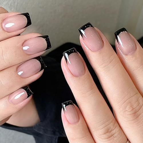 24-Pack Short Square French Tip Press-On Nails, Black Line, Nude Pink