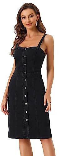 Allegra K Vestido Vaquero Casual para Mujer con Botones sin Mangas | con Escote Corazón, Elásticos de Mezclilla