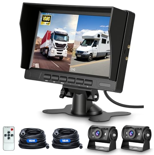 Hodozzy 2 Telecamera Retromarcia Kit con IPS da 7 Pollici 1080P Monitor, Telecamera Posteriore con Visione Notturna Impermeabile IP69, Doppia Telecamera Aeronautico 12V-24V per Camion+ Telecomando