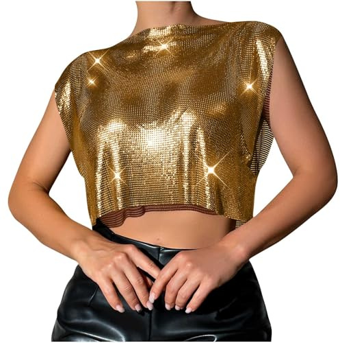 Sparkly Tops for Women UK Glitter Sequin Shirt Ladies Carnival Party Blouse Top Elegant Shimmer Crew Neck Sleeveless T Shirts Women's Holiday Carnival Evening Going Out Shirt Blouses Outfits Gold
