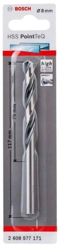 Bosch Professional Hombre Broca helicoidal HSS PointTeQ (para metal, 8 x 75 x 117 mm, accesorio de taladro), Na, diámetro 8 mm
