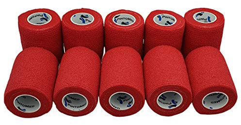 PintoMed - Bendaggio Coesivo -10 x ROSSO - garza elastica - 10 rotoli x 7,5 cm x 4,5 m autoadesiva flessibile bende, primo soccorso - Wrap Cohesive Bandage - Confezione da 10