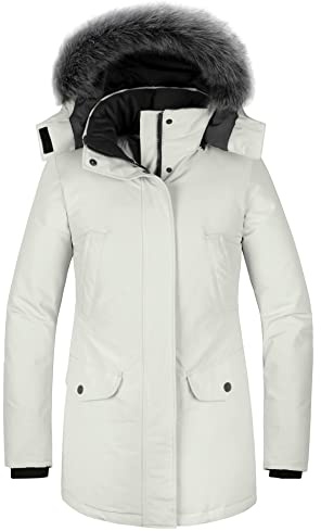 Wantdo Cappotto Foderato Imbottito Parka da Esterno Spessa a Vento con Pelliccia Sintetica Giubbotto Lavoro Invernale Giacca Media Lugghezza Casual Donna Bianco Grigiastro M