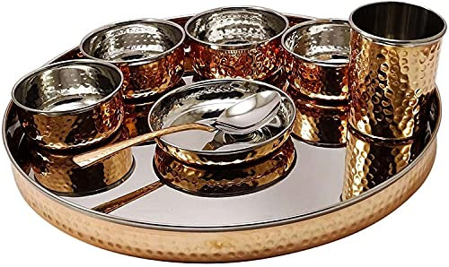 Zap impex Stoviglie indiane in acciaio inox rame martellato set di stoviglie tradizionali da piatti thali, ciotole, vetro e cucchiaio da portata per la casa e la cucina