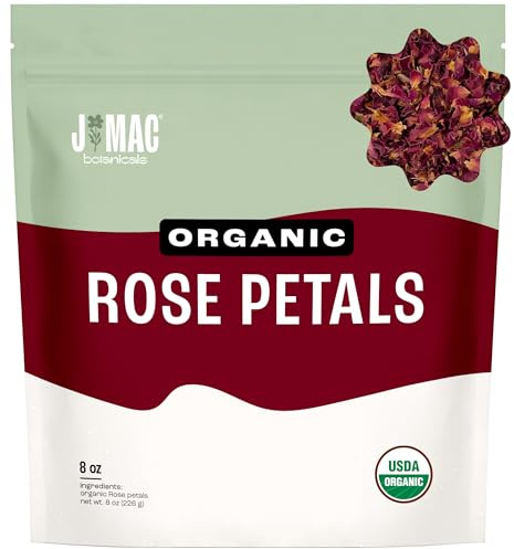 J MAC BOTANICALS Organic Rose Petals, (8 oz) Certified USDA Organic, Edible, Culinary Grade for Herbal Tea, Cooking and Crafts