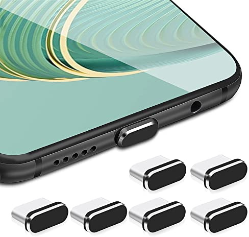 Cobee USB C dammplugg-set, 6 st typ C-port pluggar dammskydd skydd lock laddningsport skydd USB C-port lock skydd typ C metall dammskyddspropp för smartphone bärbar dator (svart)