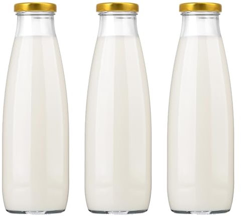 Danmu Art - 500ml Glass Milk Bottles with Lids - Gold Lids - Juice Milk Jam Storage Dispenser Bottles Set of 3