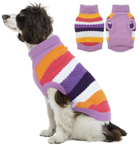 Kuoser Large Dog Sweater, Turtleneck Knit Dog Sweaters for Large Dogs Colorful Strips Pet Knitted Vest Warm Clothes, Soft Puppy Sweater Thermal Sweatshirt for Xmas Holiday Cold Weather, Purple XL